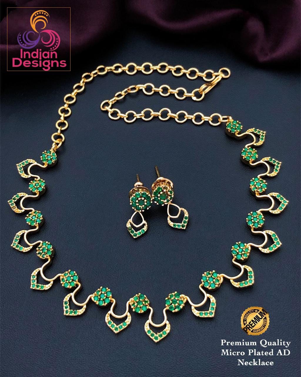 Gold-Plated American diamond necklace set with earrings| Floral Design CZ Choker necklace| Indian jewelry store online |South Indian style