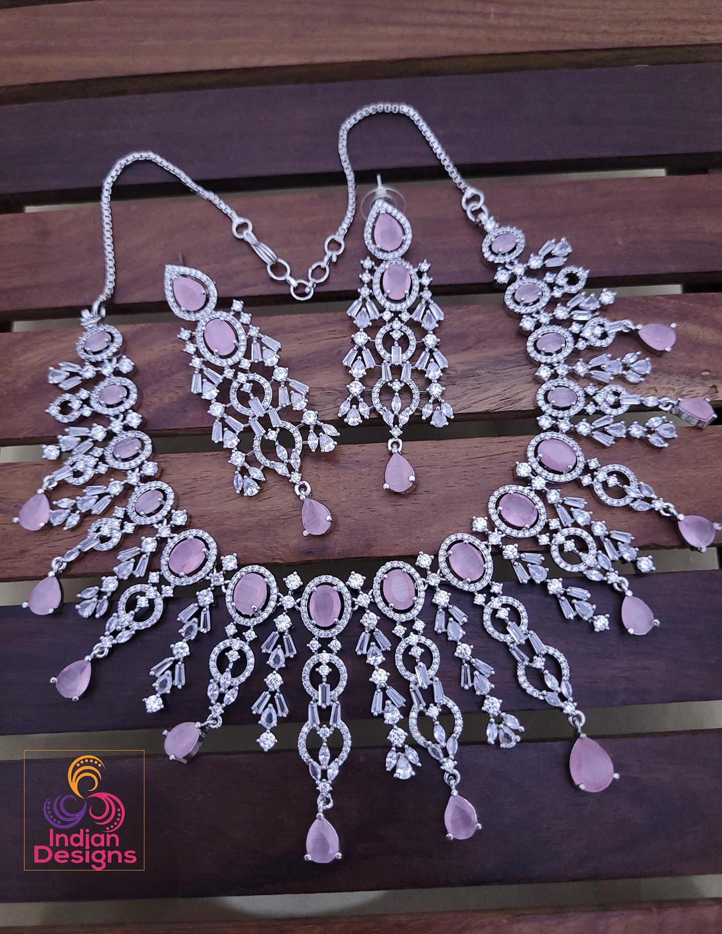 Silver Plated Baby Pink American Diamond Necklace earring set | Trending Party choker jewelry | CZ Diamond Necklace |Pakistani Jewelry set