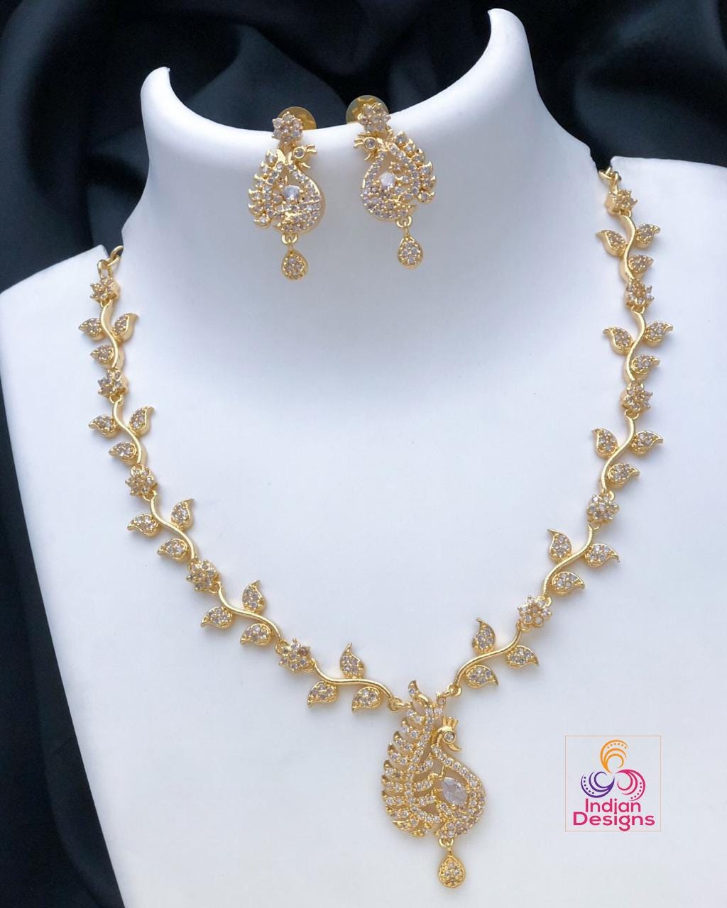 22k Gold Plated American Diamond Necklace with Green and Pink stones|Indian jewelry sets|Ruby & Emerald necklace Floral designs|Gift for her