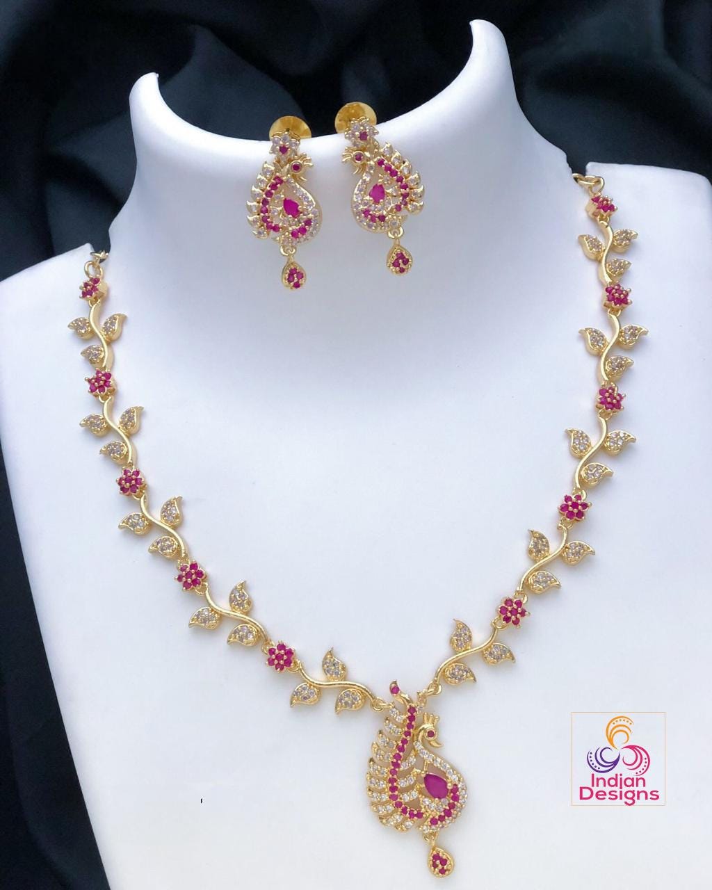 22k Gold Plated American Diamond Necklace with Green and Pink stones|Indian jewelry sets|Ruby & Emerald necklace Floral designs|Gift for her