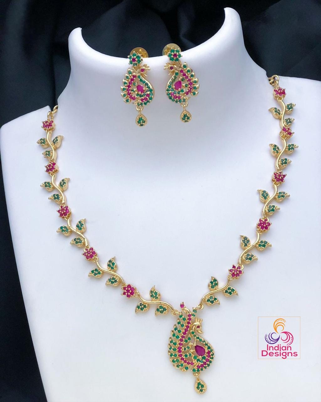 22k Gold Plated American Diamond Necklace with Green and Pink stones|Indian jewelry sets|Ruby & Emerald necklace Floral designs|Gift for her