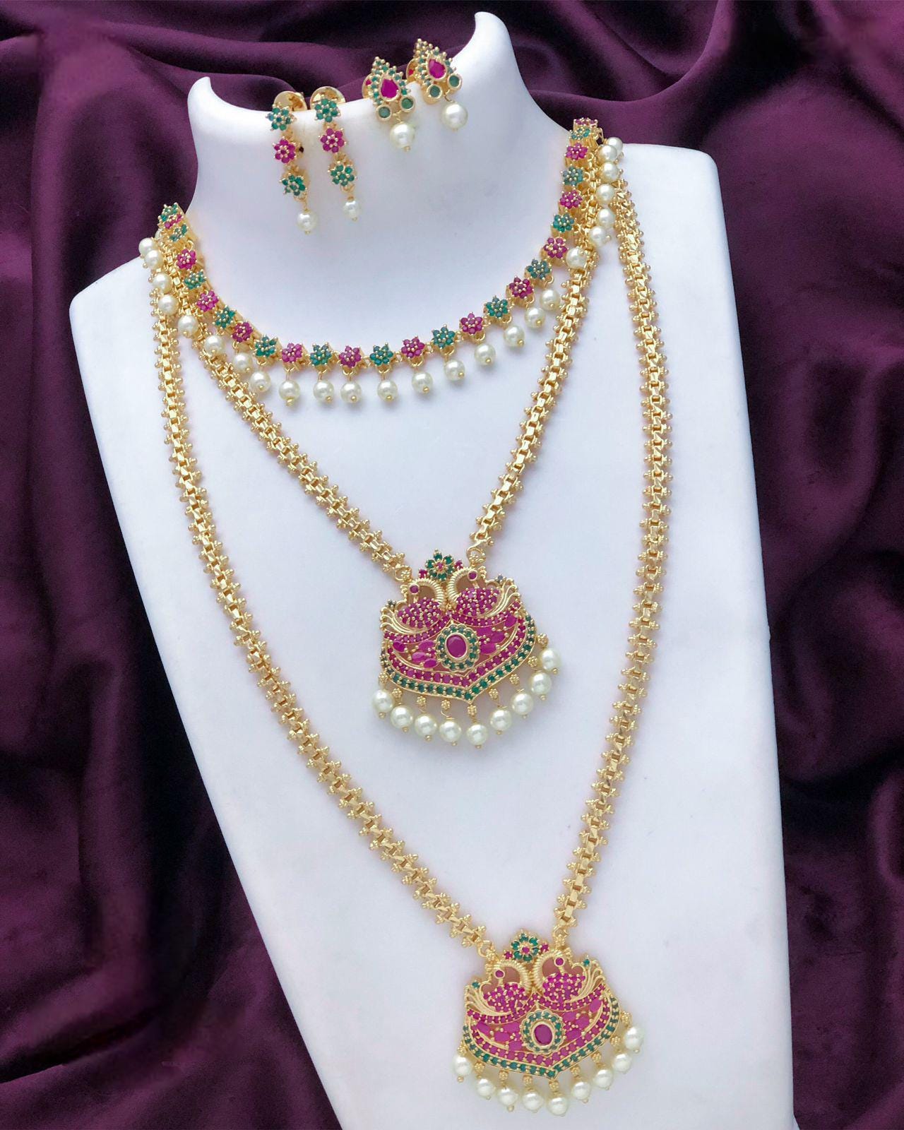 Gold Plated American Diamond CZ Haram Long & short necklace combo, South Indian Wedding Jewelry set, Bollywood fashion Jewelry, Gift for Her