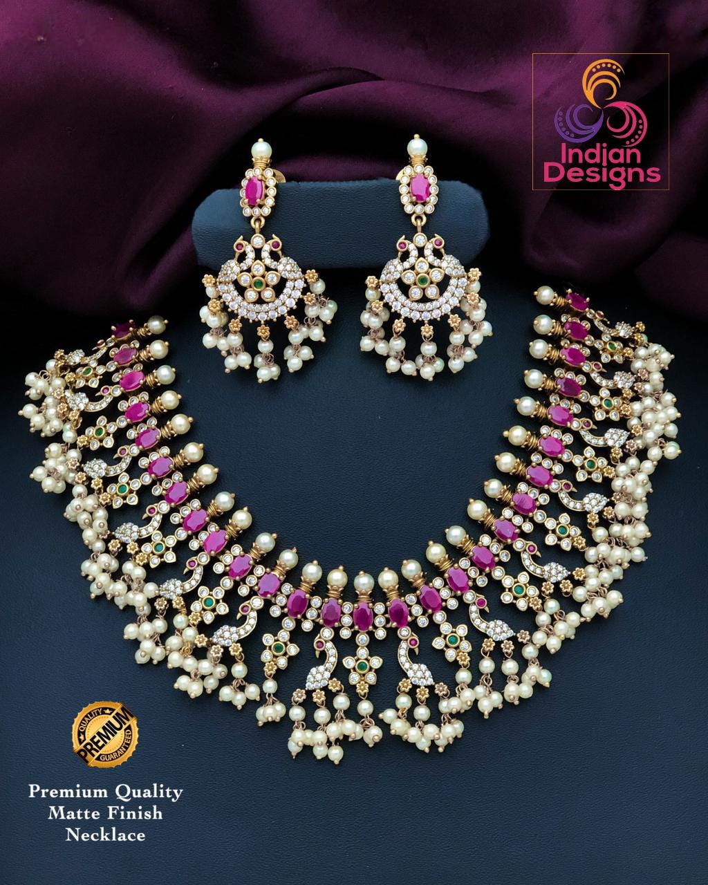 American Diamond Peacock design necklace with Pearl Drops| Trendy South Indian style Fashion Jewelry| One gram gold CZ AD necklace Earrings