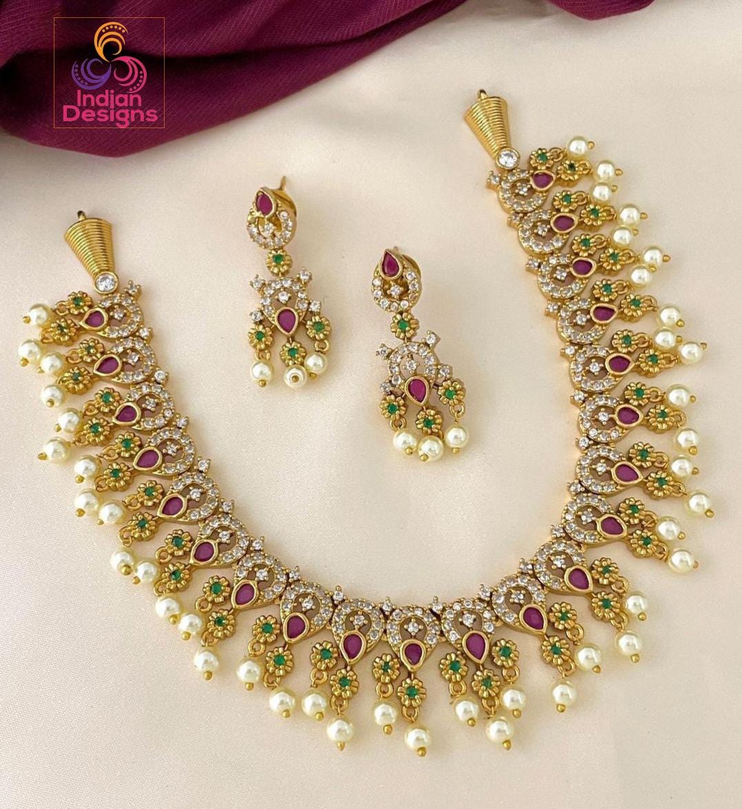 Gold Plated Ruby Green Flower Design Choker necklace|South Indian style AD Necklace Earring set| Indian Bollywood Wedding Statement jewelry