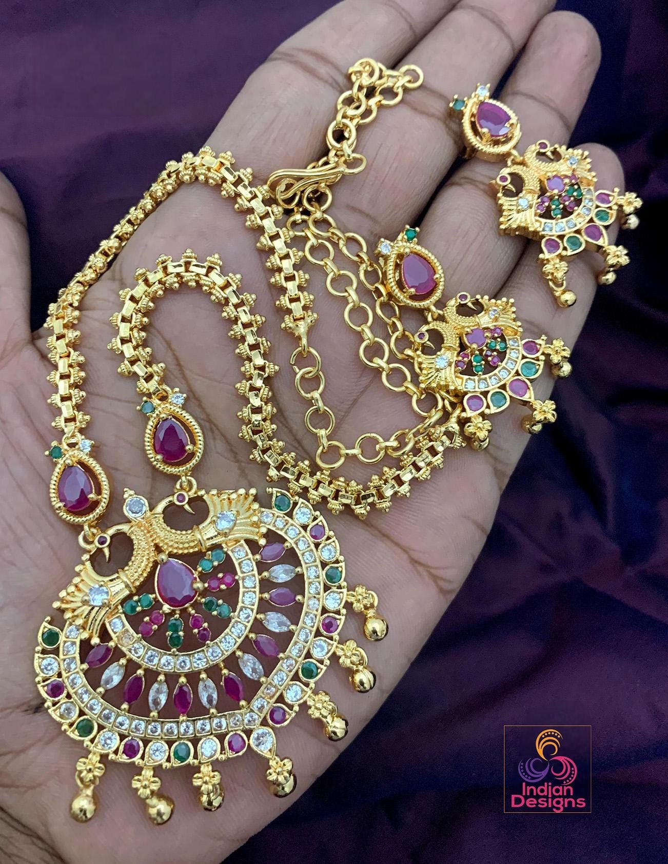 Traditional Indian Gold Plated Peacock Pendant Necklace Set with Multicolor Gemstones - Ethnic South Indian Jewelry for Weddings & Festivals