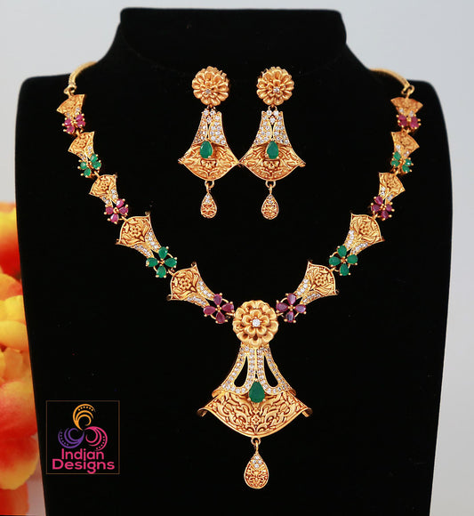 Floral Designer Necklace Earring Set with Green and Ruby Stones| Indian jewelry| American Diamond matte Finish Gold Necklace| Gift for her