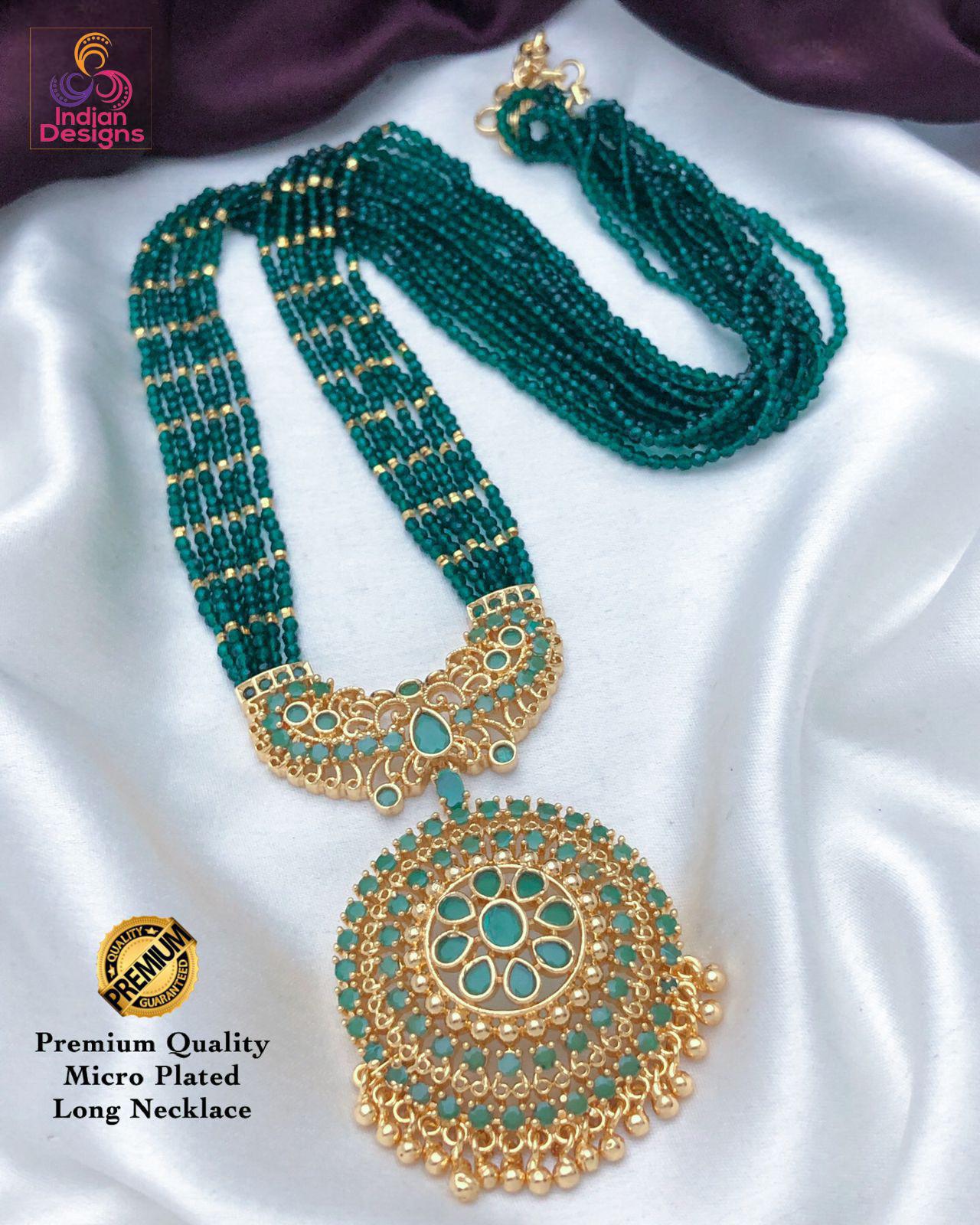 Gold plated Premium Long Necklace Pendant with Black, Green, and Maroon Beads| Elegant Traditional Jewelry Ad stone Pendant|Indian jewelry