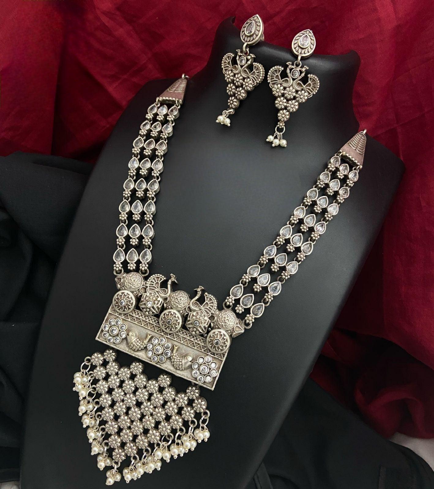 Silver Oxidized Necklace with multi-color stones | German Silver Dual tone Tribal Indian ethnic Jewelry set | Peacock design Oxidized Set