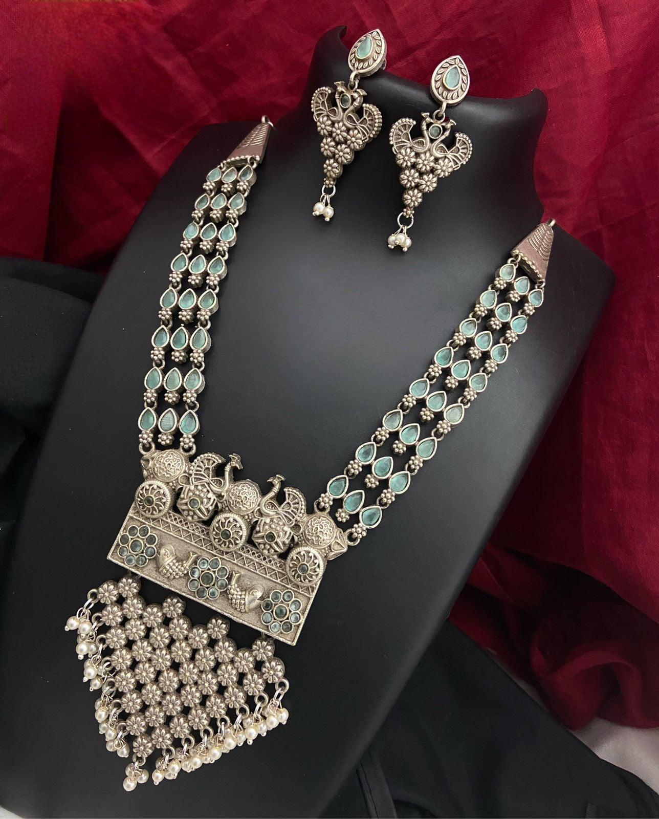 Silver Oxidized Necklace with multi-color stones | German Silver Dual tone Tribal Indian ethnic Jewelry set | Peacock design Oxidized Set