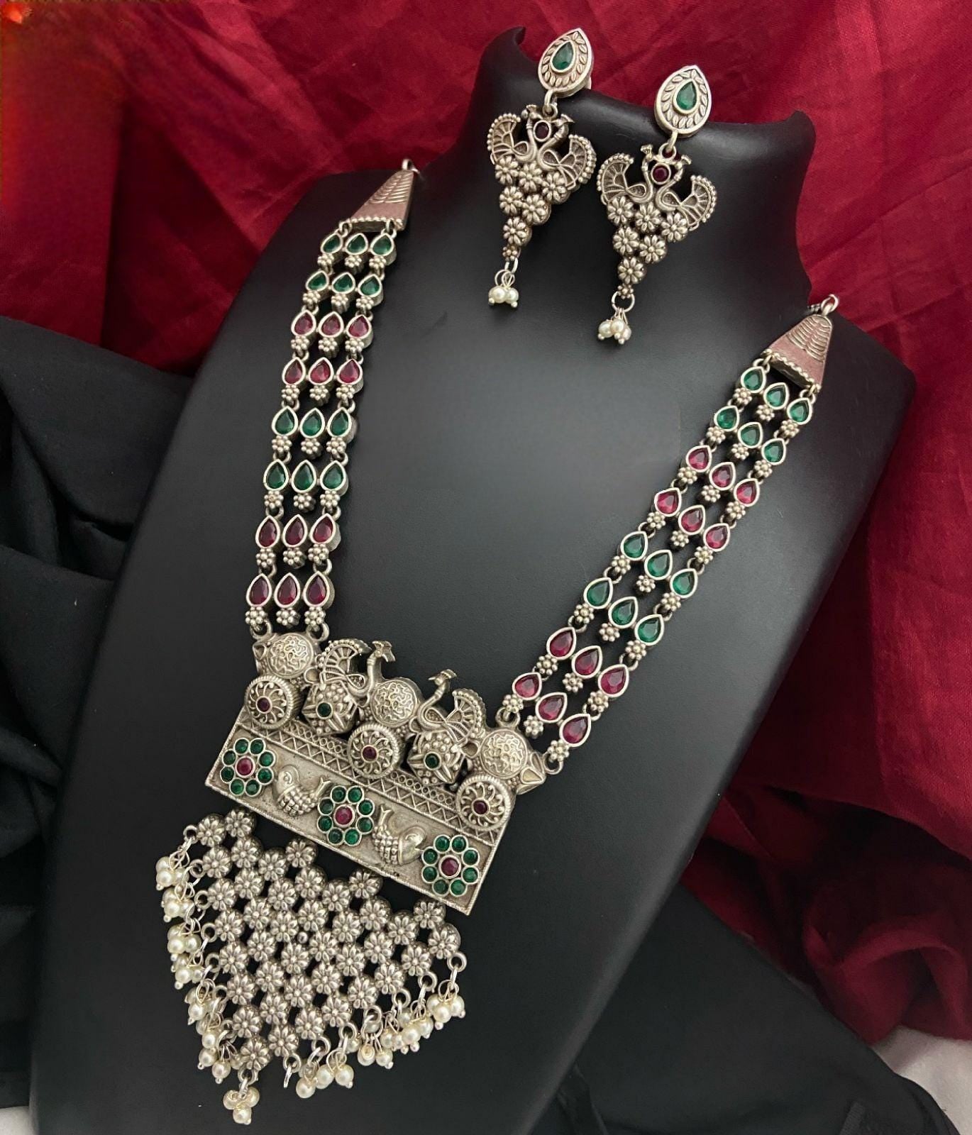 Silver Oxidized Necklace with multi-color stones | German Silver Dual tone Tribal Indian ethnic Jewelry set | Peacock design Oxidized Set