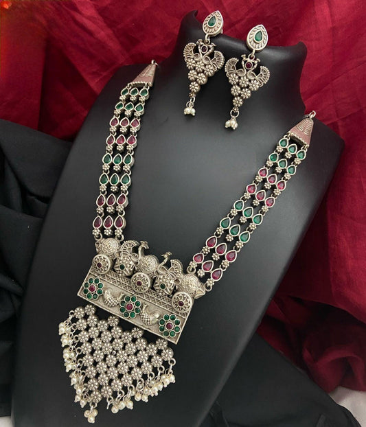Silver Oxidized Necklace with multi-color stones | German Silver Dual tone Tribal Indian ethnic Jewelry set | Peacock design Oxidized Set
