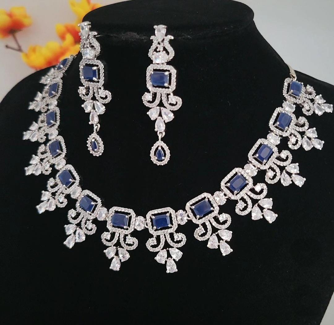 American Diamond Blue Sapphire/Emerald Green/Topaz Necklace &Earring Set| Silver tone Indian/Pakistani/Punjabi Wedding Jewelry| Gift for her