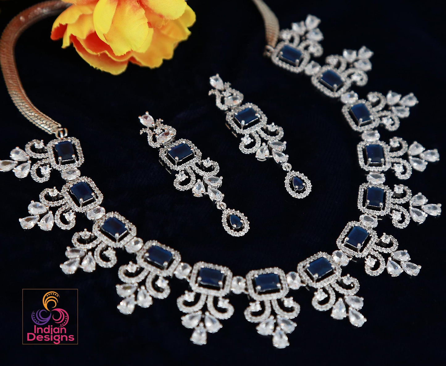 American Diamond Blue Sapphire/Emerald Green/Topaz Necklace &Earring Set| Silver tone Indian/Pakistani/Punjabi Wedding Jewelry| Gift for her