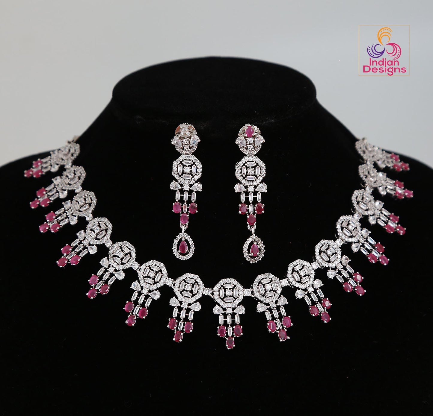 Silver/Rhodium American Diamond Necklace and Earring set|CZ Diamond Bridal Necklace|Indian, Pakistani,Punjabi wedding jewelry|Gift for her