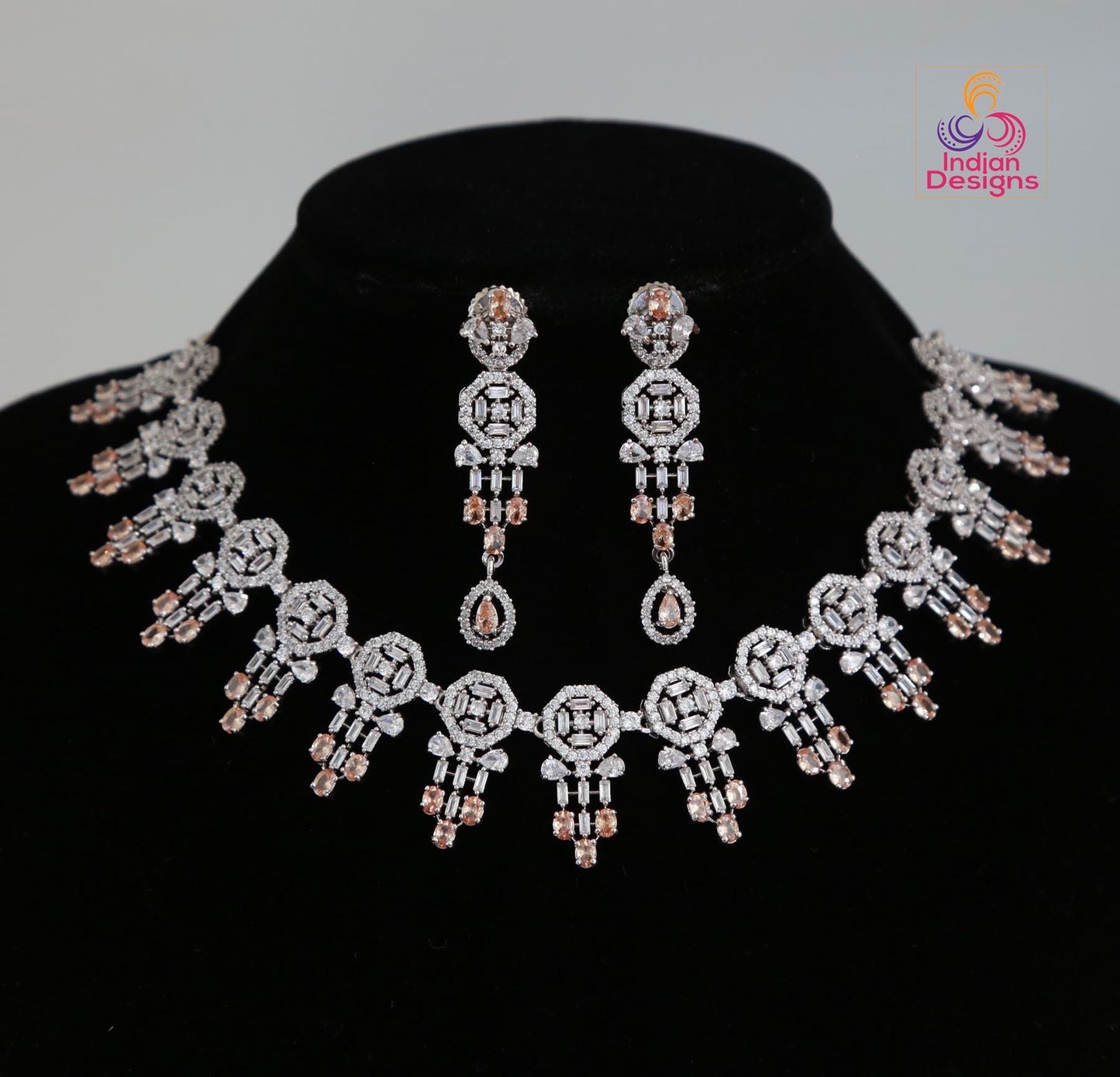 Silver/Rhodium American Diamond Necklace and Earring set|CZ Diamond Bridal Necklace|Indian, Pakistani,Punjabi wedding jewelry|Gift for her