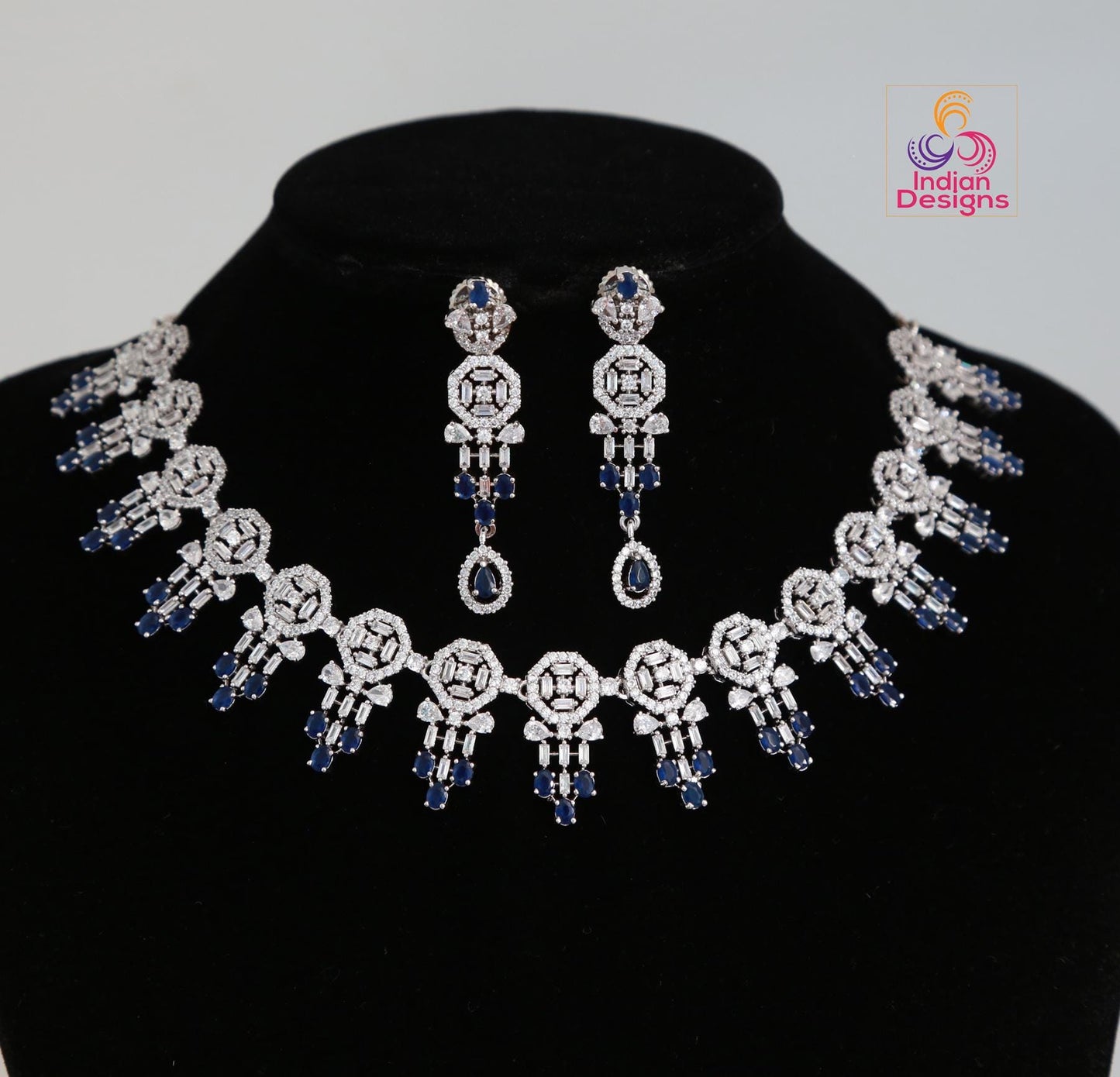 Silver/Rhodium American Diamond Necklace and Earring set|CZ Diamond Bridal Necklace|Indian, Pakistani,Punjabi wedding jewelry|Gift for her