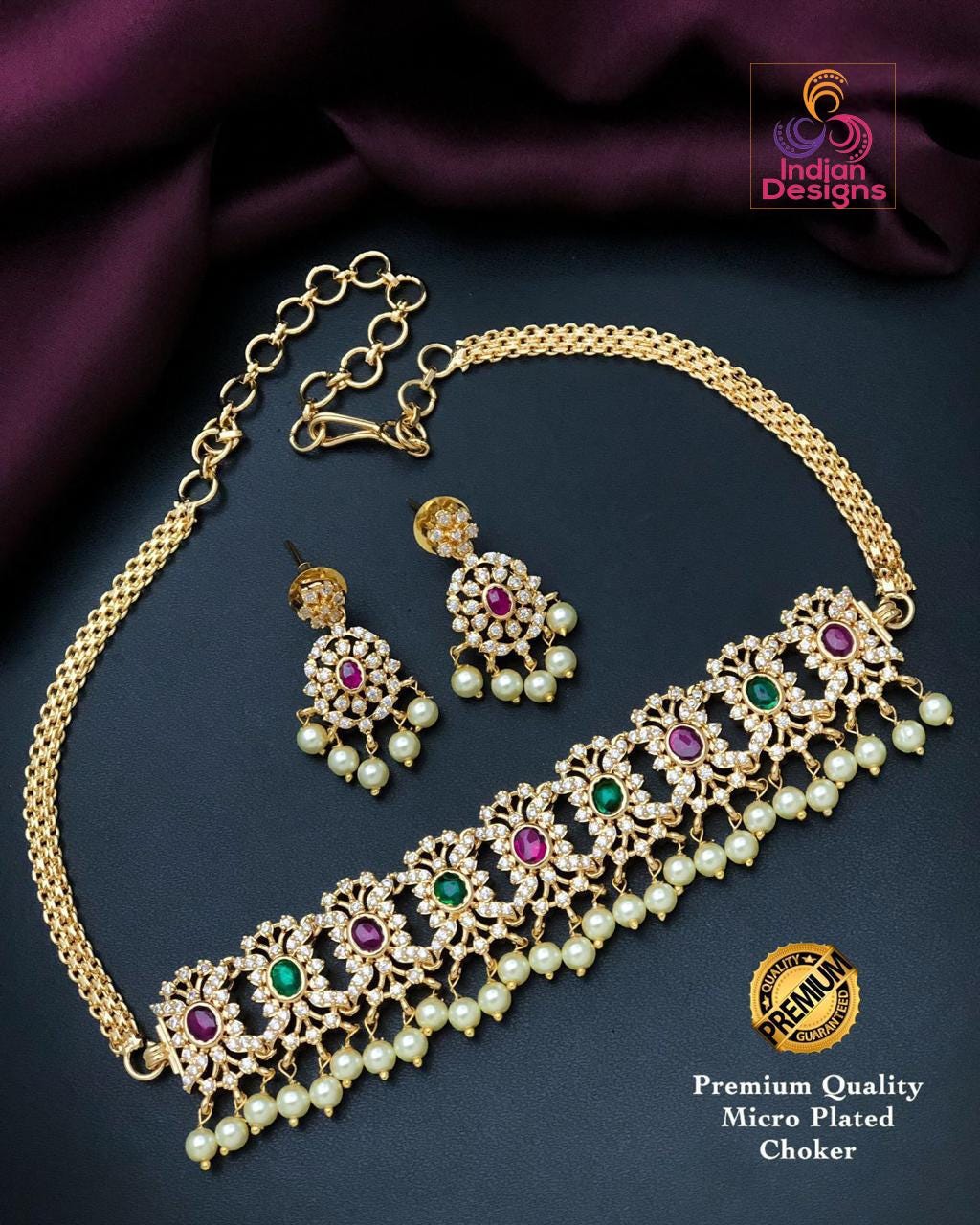 Gold plated American Diamond Pink stone Choker with Pearl Drops| Trendy South Indian style Fashion Jewelry| Ruby, Emerald Butterfly Necklace