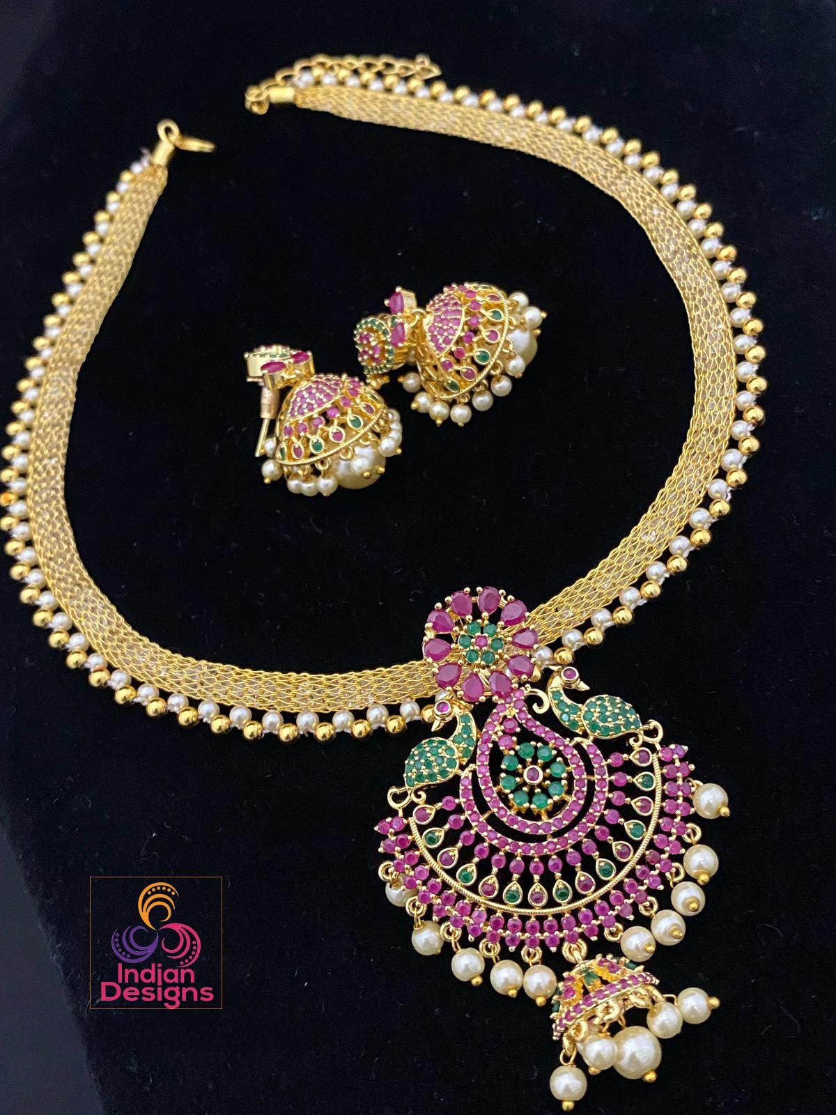 Traditional Gold Plated American Diamond necklace set with Pearl Drops| South Indian Style Fashion Jewelry| 1 gram gold CZ necklace Earrings