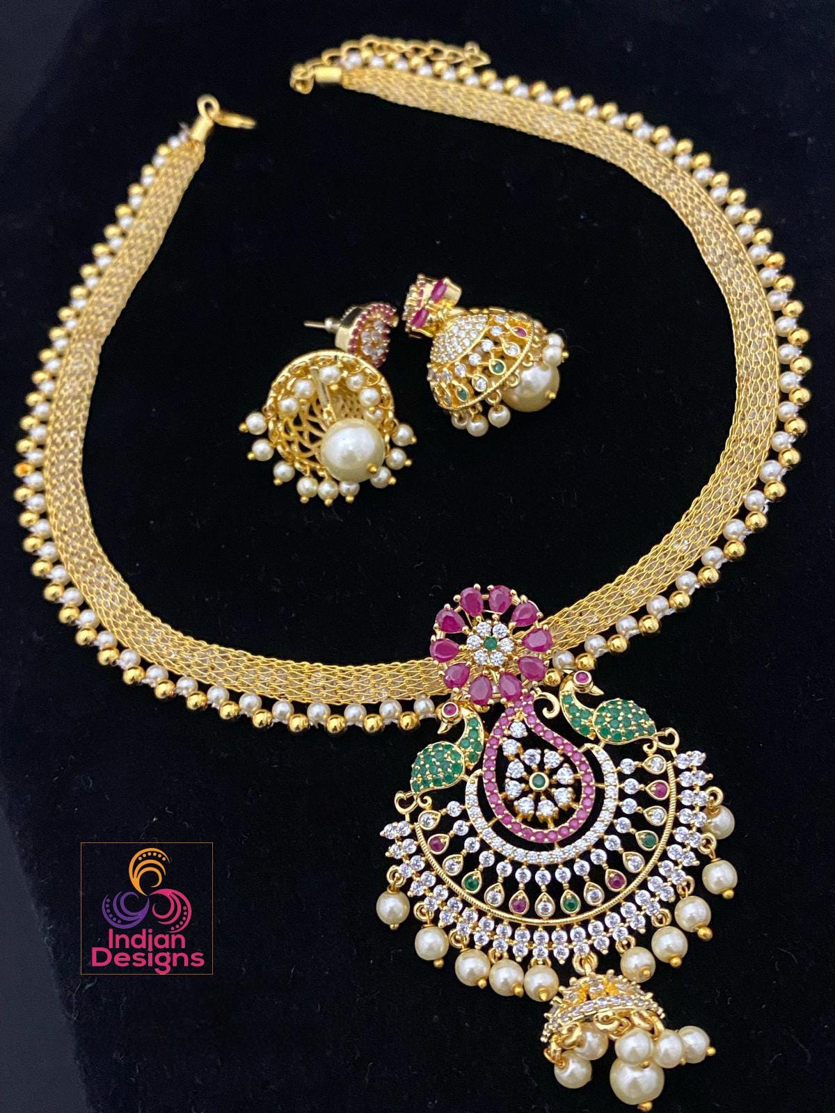 Traditional Gold Plated American Diamond necklace set with Pearl Drops| South Indian Style Fashion Jewelry| 1 gram gold CZ necklace Earrings