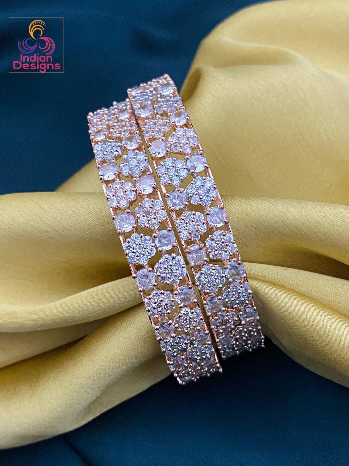 Rose Gold American Diamond Bangles set Pair of 2 | High Rose Gold AD Crystal bracelet & bangles set| Indian Bollywood Style Fashion Bangles