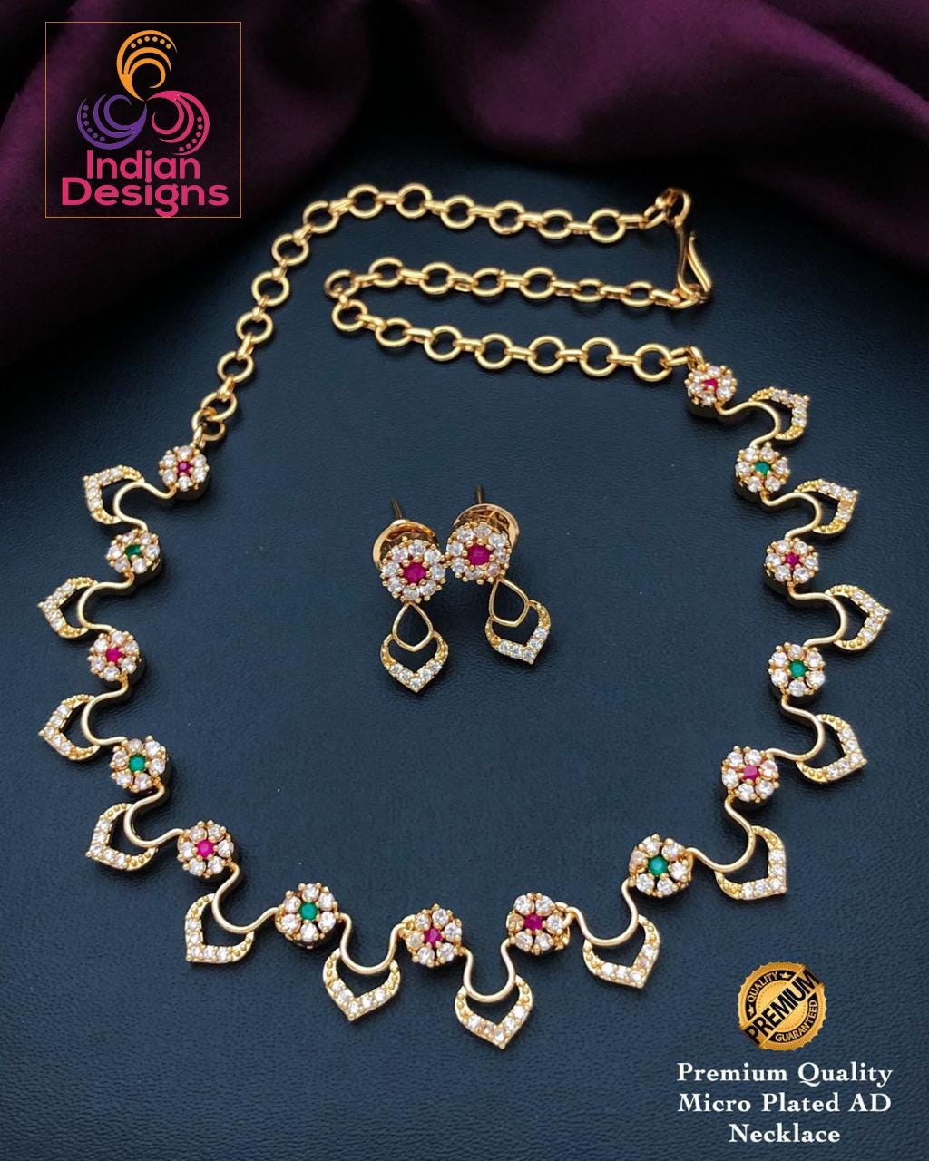 Gold-Plated American diamond necklace set with earrings| Floral Design CZ Choker necklace| Indian jewelry store online |South Indian style