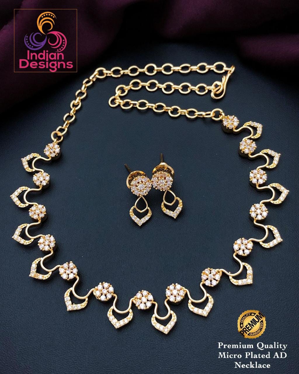 Gold-Plated American diamond necklace set with earrings| Floral Design CZ Choker necklace| Indian jewelry store online |South Indian style