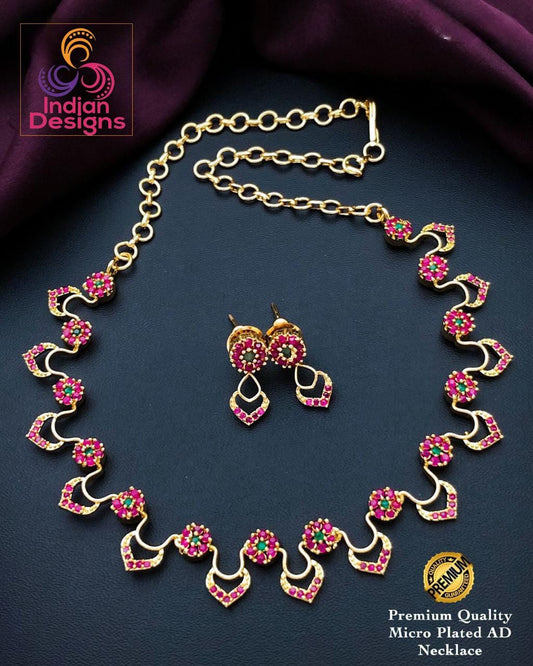 Gold-Plated American diamond necklace set with earrings| Floral Design CZ Choker necklace| Indian jewelry store online |South Indian style