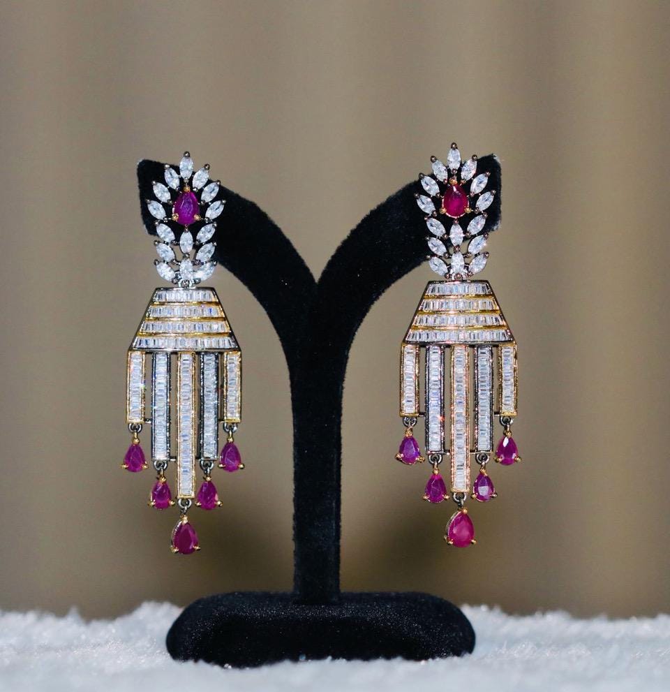 Vintage-Inspired Dangle Statement Earrings| Cz White Crystal Earrings with Ruby/Topaz stones|Luxury Bridal Jewelry | Unique Gift for Her