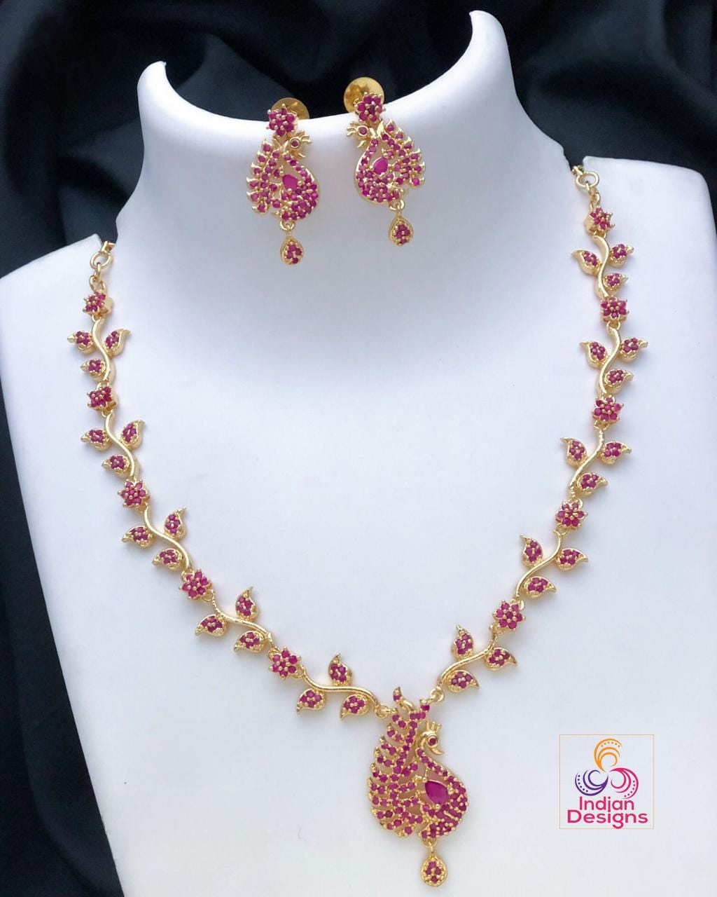 22k Gold Plated American Diamond Necklace with Green and Pink stones|Indian jewelry sets|Ruby & Emerald necklace Floral designs|Gift for her