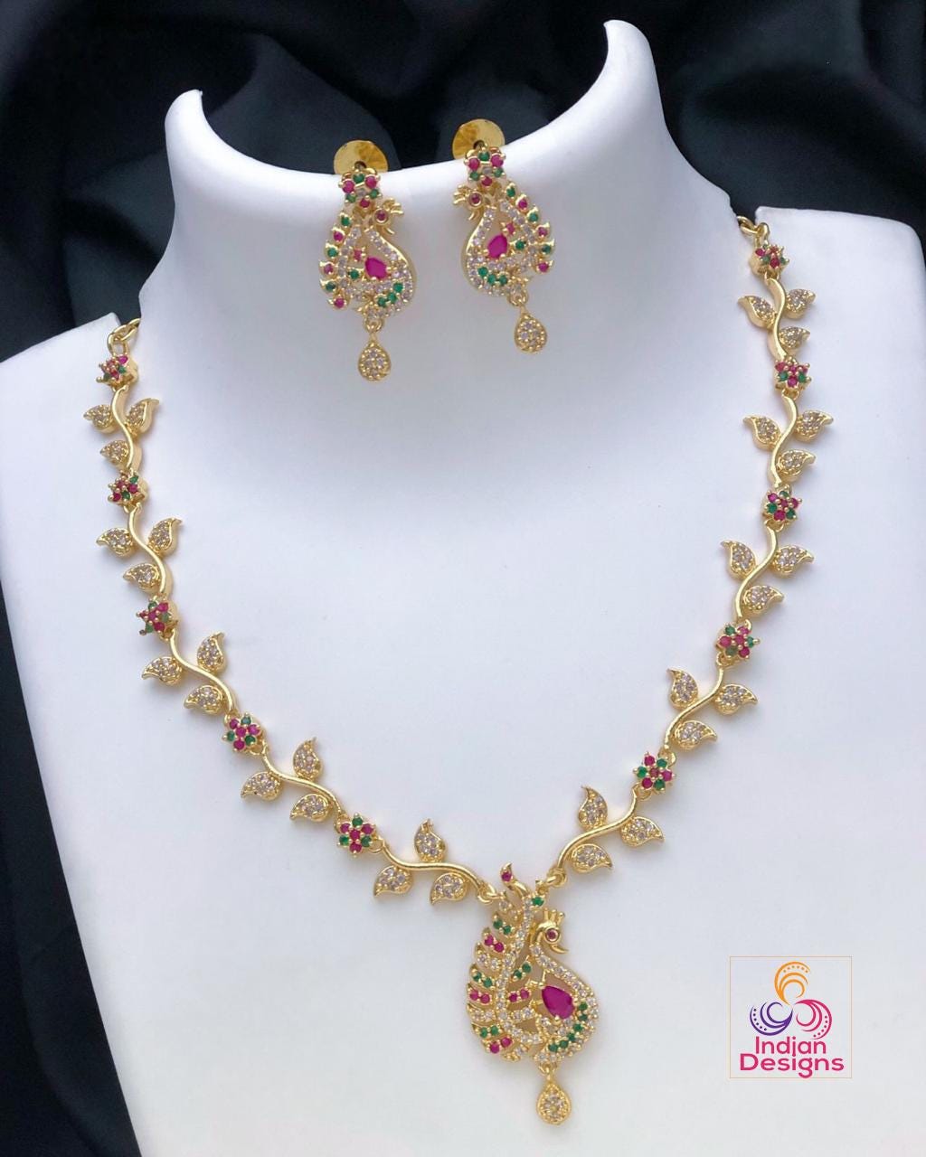 22k Gold Plated American Diamond Necklace with Green and Pink stones|Indian jewelry sets|Ruby & Emerald necklace Floral designs|Gift for her