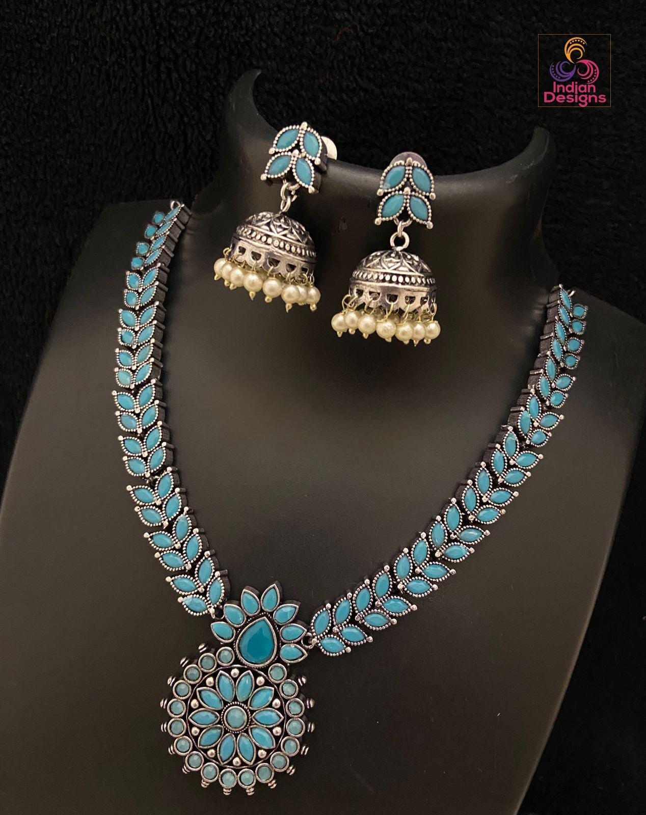 Oxidized Indian Jewelry Necklace and Earrings | Indian Oxidised - Silver look alike color stone necklace | German Silver Antique jewelry set