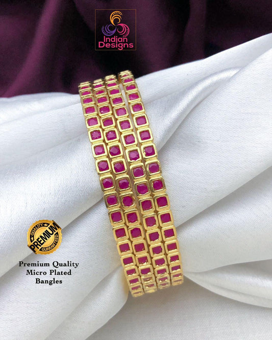 Ruby Pink American diamond bangles set Gold polish| Indian Bridal Bangle set of 4 |Ruby Pink Cz bangles | Daily wear one gram gold bangles