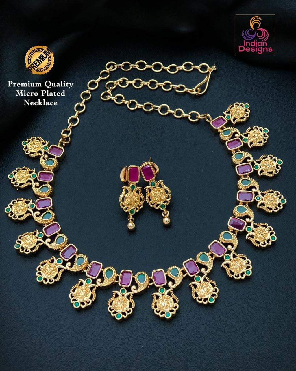 Gold plated Ram Parivar necklace & Earring set| Matte Gold Ruby-Emerald Kemp stone Ramparivaar choker necklace| Temple jewelry necklace