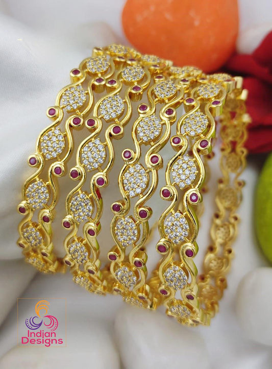 Gold-Plated Ruby and CZ Stone Studded Bangles for Women set of 4| Lightweight Party-wear American Diamond Wedding Bangles| gift for her