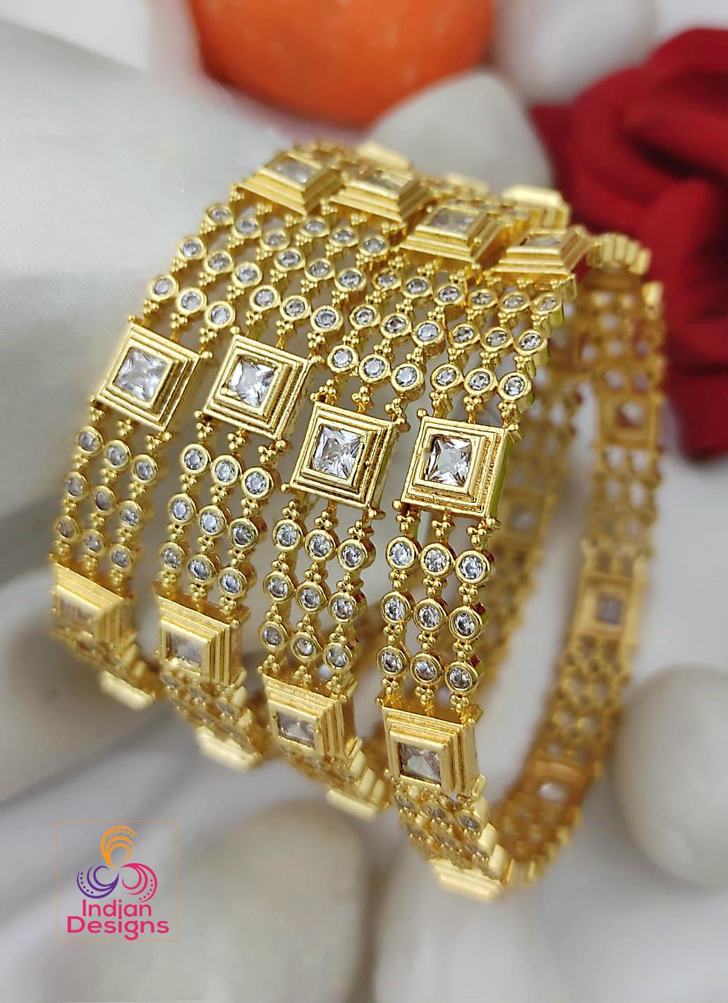 Stunning Gold-Plated Bangle Set with Square Cut CZ Stones| Luxurious Bridal & Wedding Jewelry| Indian Traditional Bangle Bracelets for Women