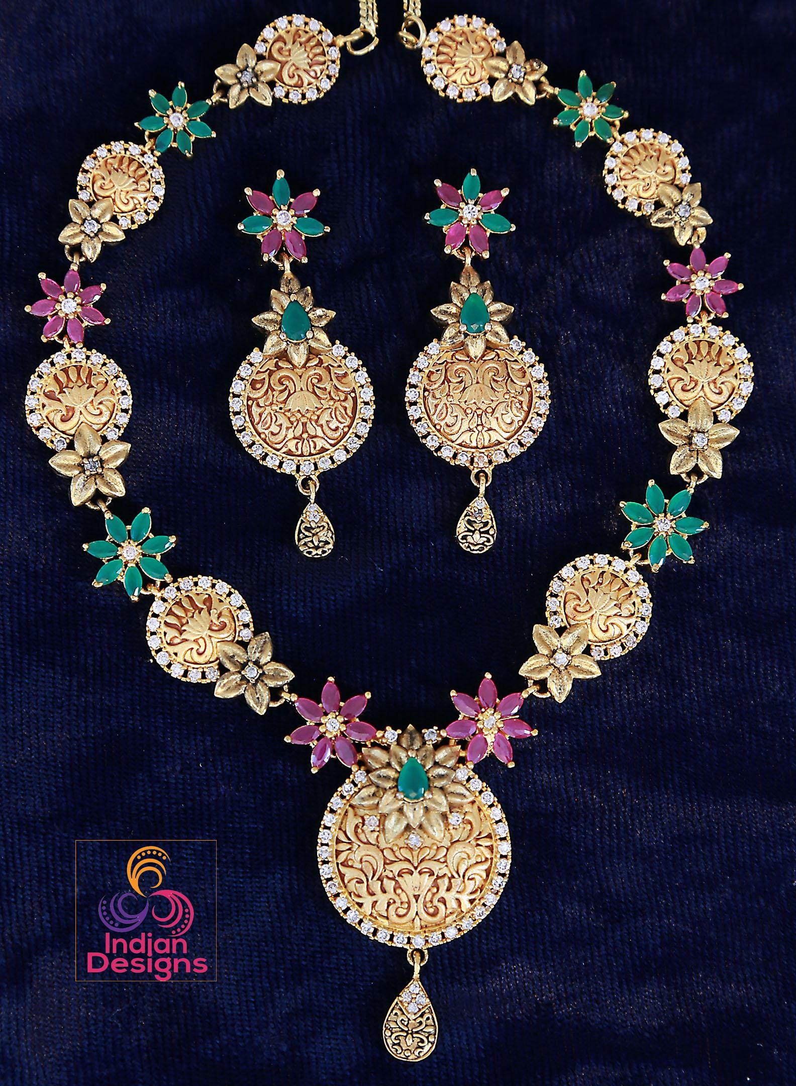 Gold-Plated Necklace Set with Green and Pink Floral design| Antique Finish Indian Jewelry| Traditional Necklace & Earrings Set for Weddings