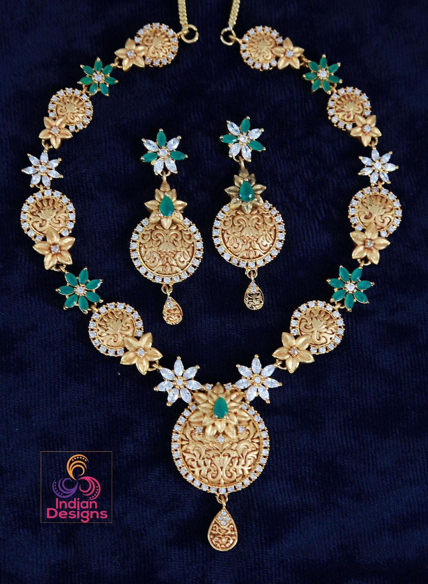 Gold-Plated Necklace Set with Green and Pink Floral design| Antique Finish Indian Jewelry| Traditional Necklace & Earrings Set for Weddings