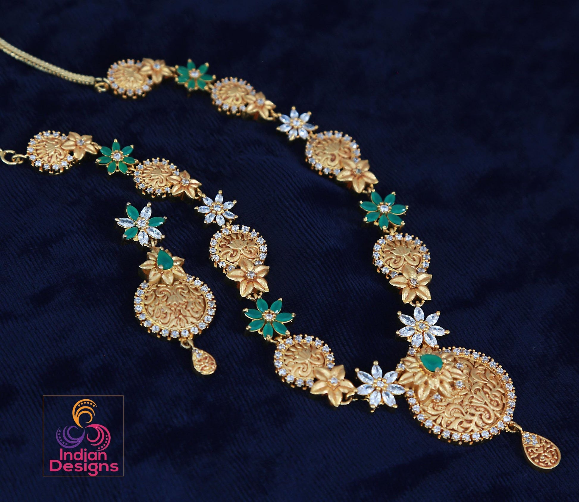 Gold-Plated Necklace Set with Green and Pink Floral design| Antique Finish Indian Jewelry| Traditional Necklace & Earrings Set for Weddings