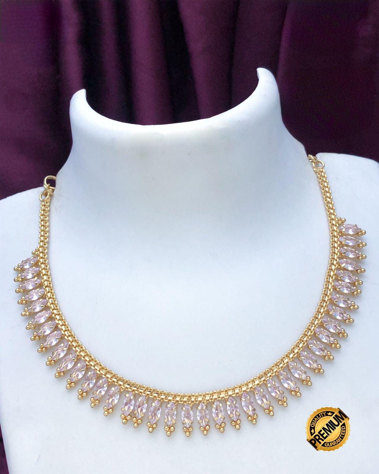 Emerald Ruby marquise cut CZ Diamond Gold plated simple choker necklace|American diamond cute and small necklace set |Unique Design jewelry