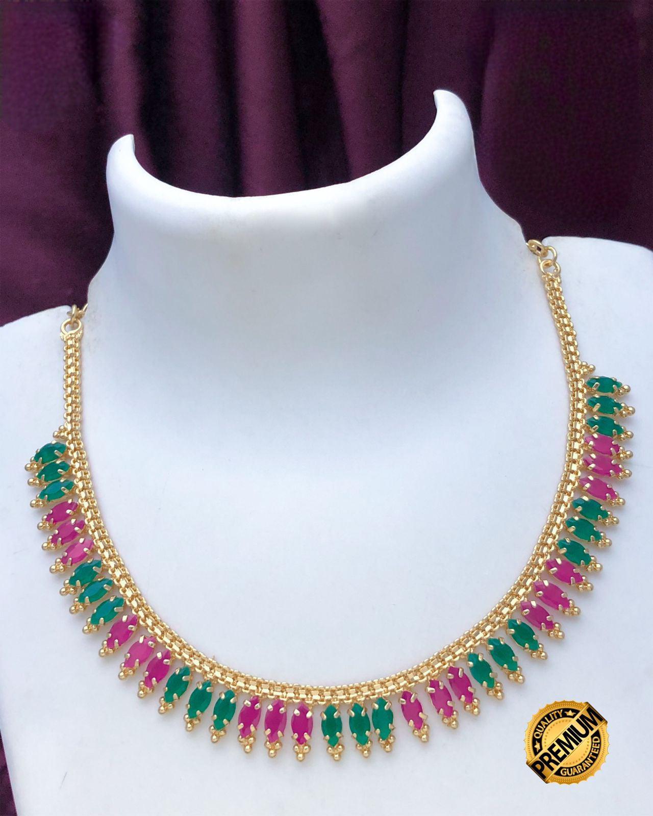 Emerald Ruby marquise cut CZ Diamond Gold plated simple choker necklace|American diamond cute and small necklace set |Unique Design jewelry