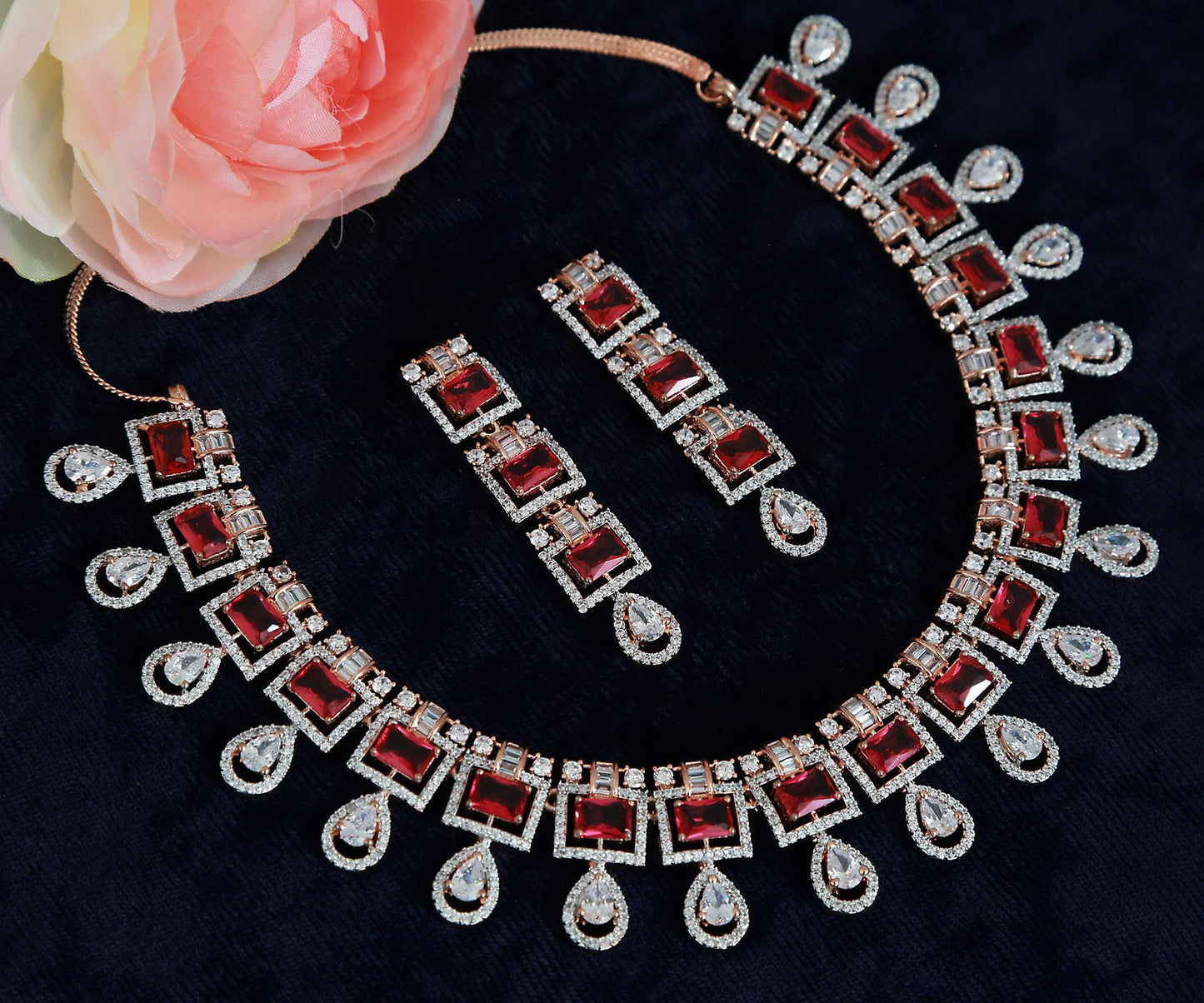 Elegant Rose Gold-Plated Necklace Set with Pink Square Stones and CZ Stones| Statement Wedding & Party Wear Necklace with Matching Earrings