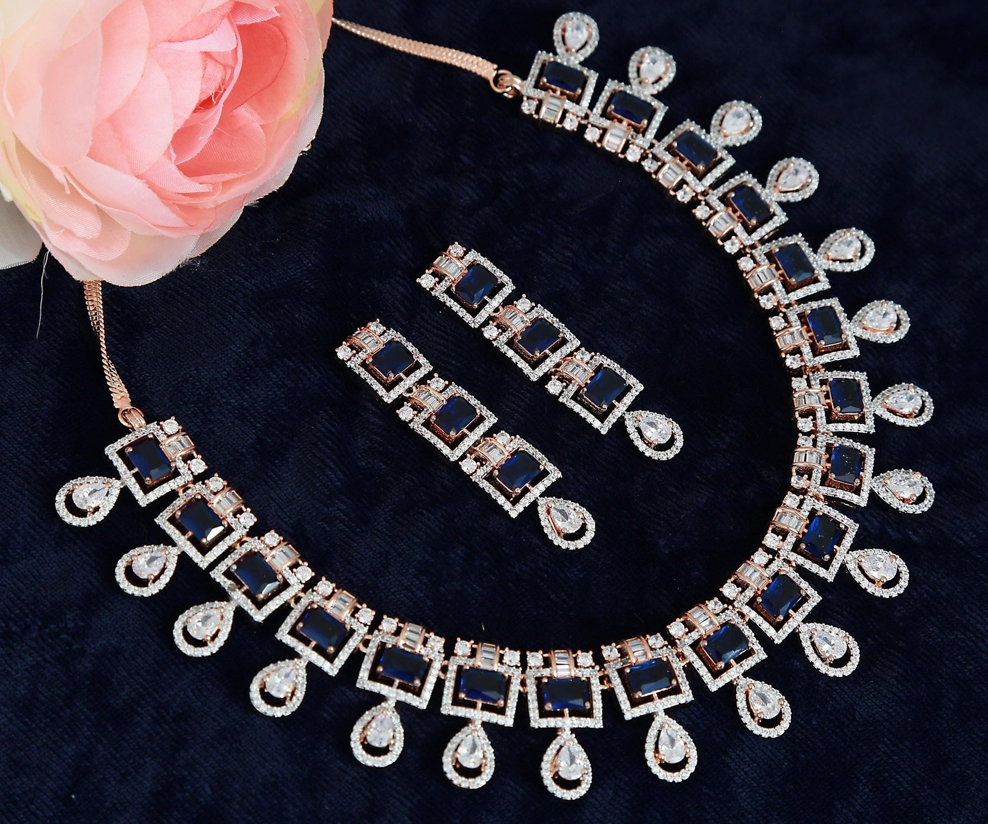 Elegant Rose Gold-Plated Necklace Set with Pink Square Stones and CZ Stones| Statement Wedding & Party Wear Necklace with Matching Earrings