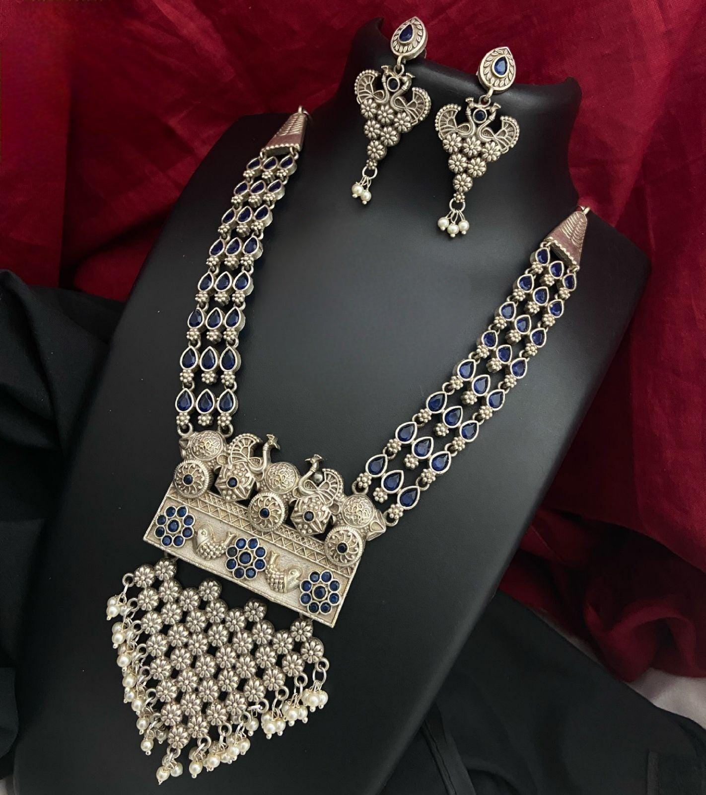 Silver Oxidized Necklace with multi-color stones | German Silver Dual tone Tribal Indian ethnic Jewelry set | Peacock design Oxidized Set