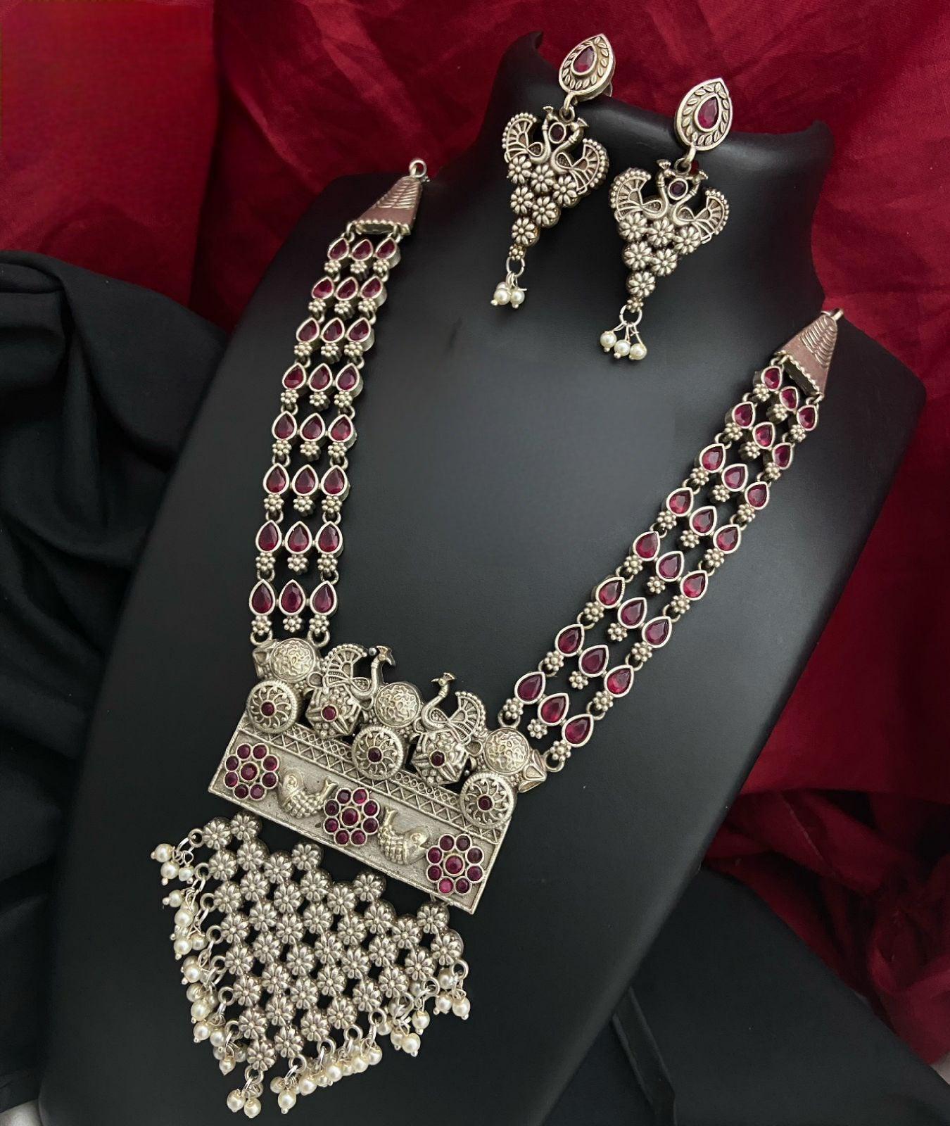 Silver Oxidized Necklace with multi-color stones | German Silver Dual tone Tribal Indian ethnic Jewelry set | Peacock design Oxidized Set