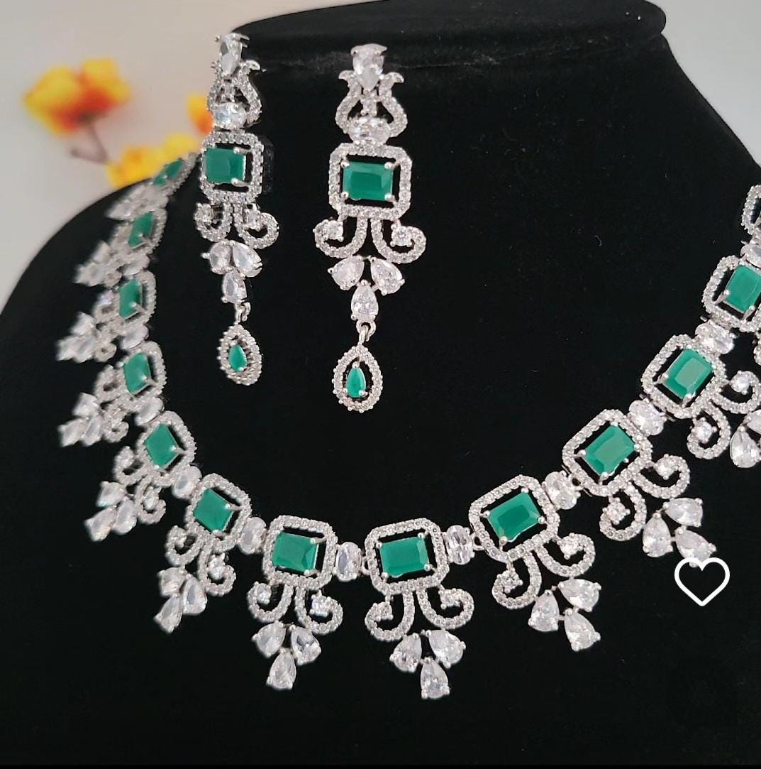 American Diamond Blue Sapphire/Emerald Green/Topaz Necklace &Earring Set| Silver tone Indian/Pakistani/Punjabi Wedding Jewelry| Gift for her