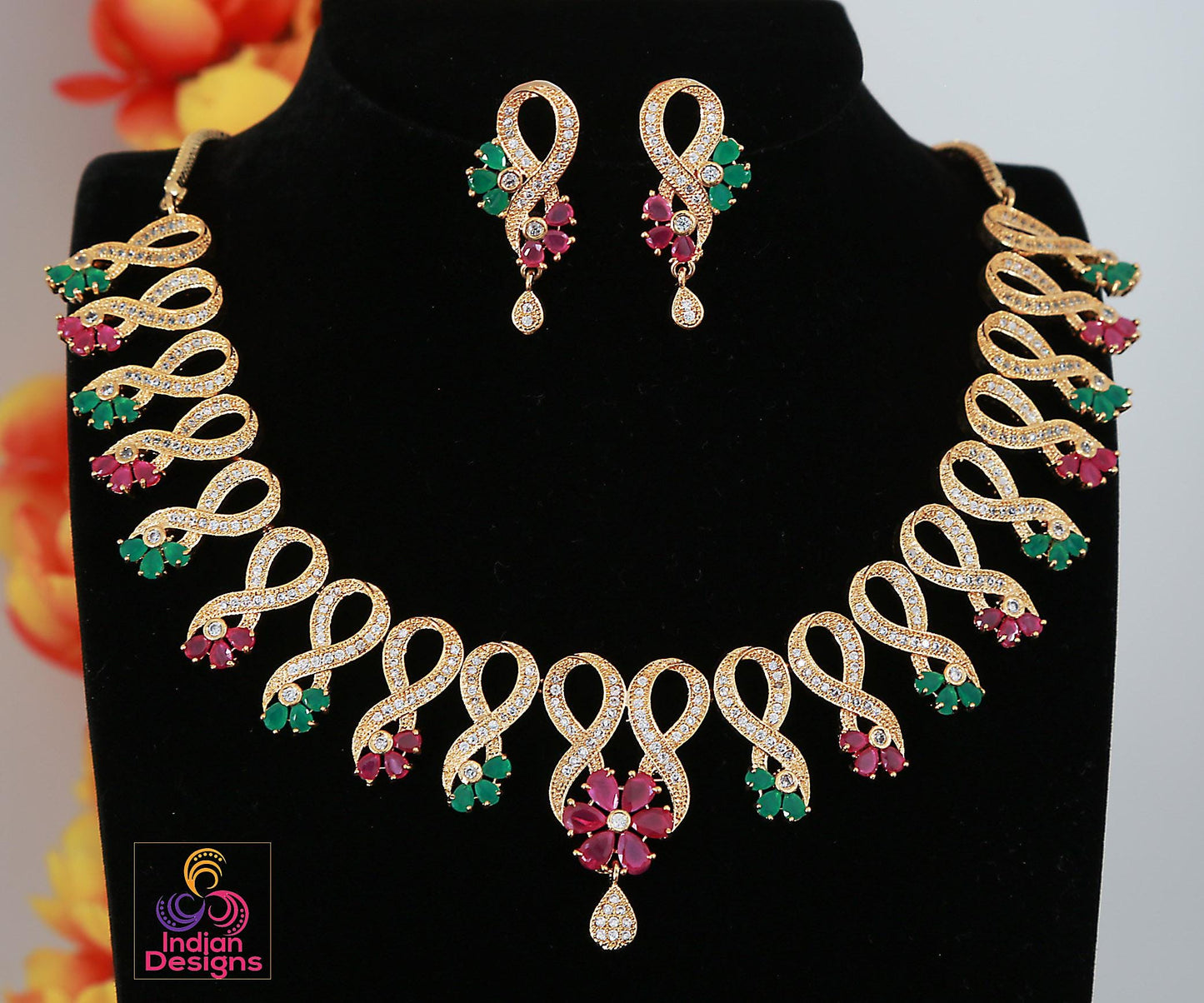 Gold-Plated Floral Necklace Set with Ruby & Green stones| CZ American diamond choker set| Statement Wedding Necklace| Gift for her