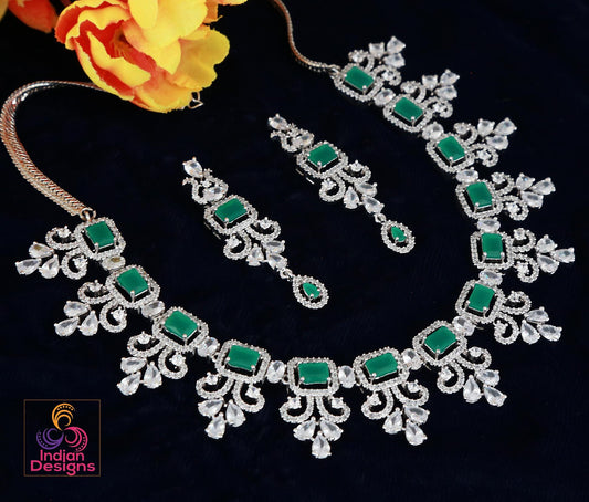 American Diamond Blue Sapphire/Emerald Green/Topaz Necklace &Earring Set| Silver tone Indian/Pakistani/Punjabi Wedding Jewelry| Gift for her