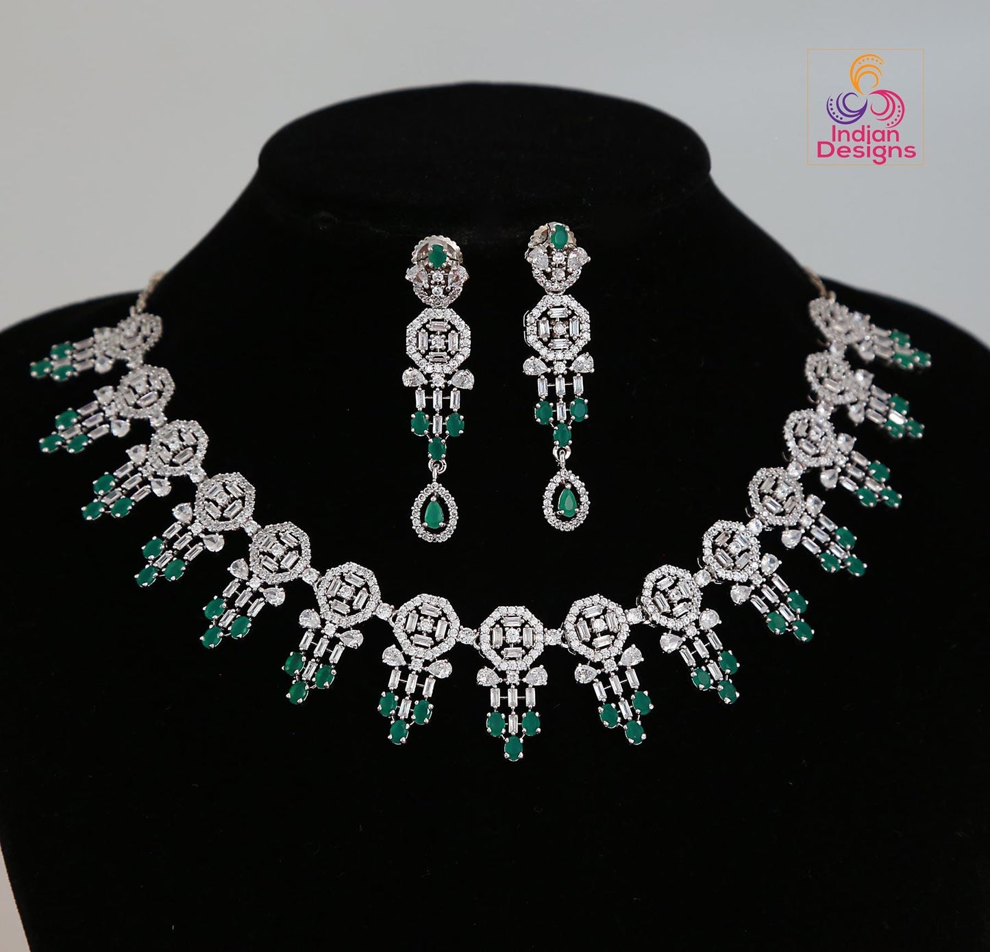 Silver/Rhodium American Diamond Necklace and Earring set|CZ Diamond Bridal Necklace|Indian, Pakistani,Punjabi wedding jewelry|Gift for her