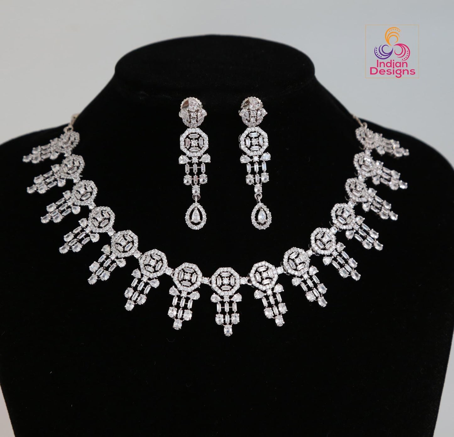 Silver/Rhodium American Diamond Necklace and Earring set|CZ Diamond Bridal Necklace|Indian, Pakistani,Punjabi wedding jewelry|Gift for her