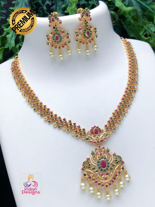 Gold-Plated Indian Necklace Set with Emerald, Ruby Stones & Pearls| Elegant Wedding Necklace with Matching Earrings| Statement Bridal Set